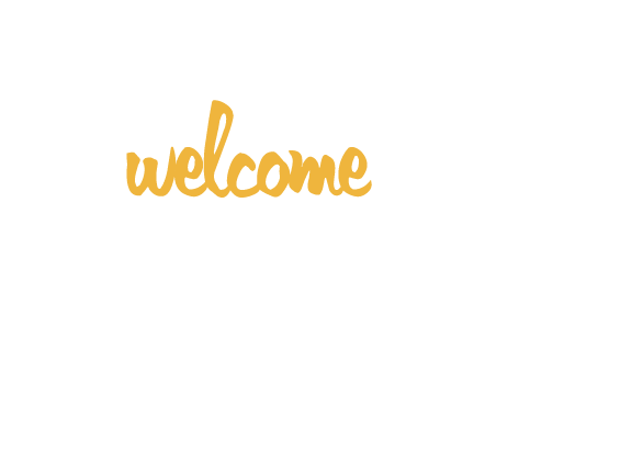 Willkommensschriftzug in gelber Schrift auf weißem Hintergrund.